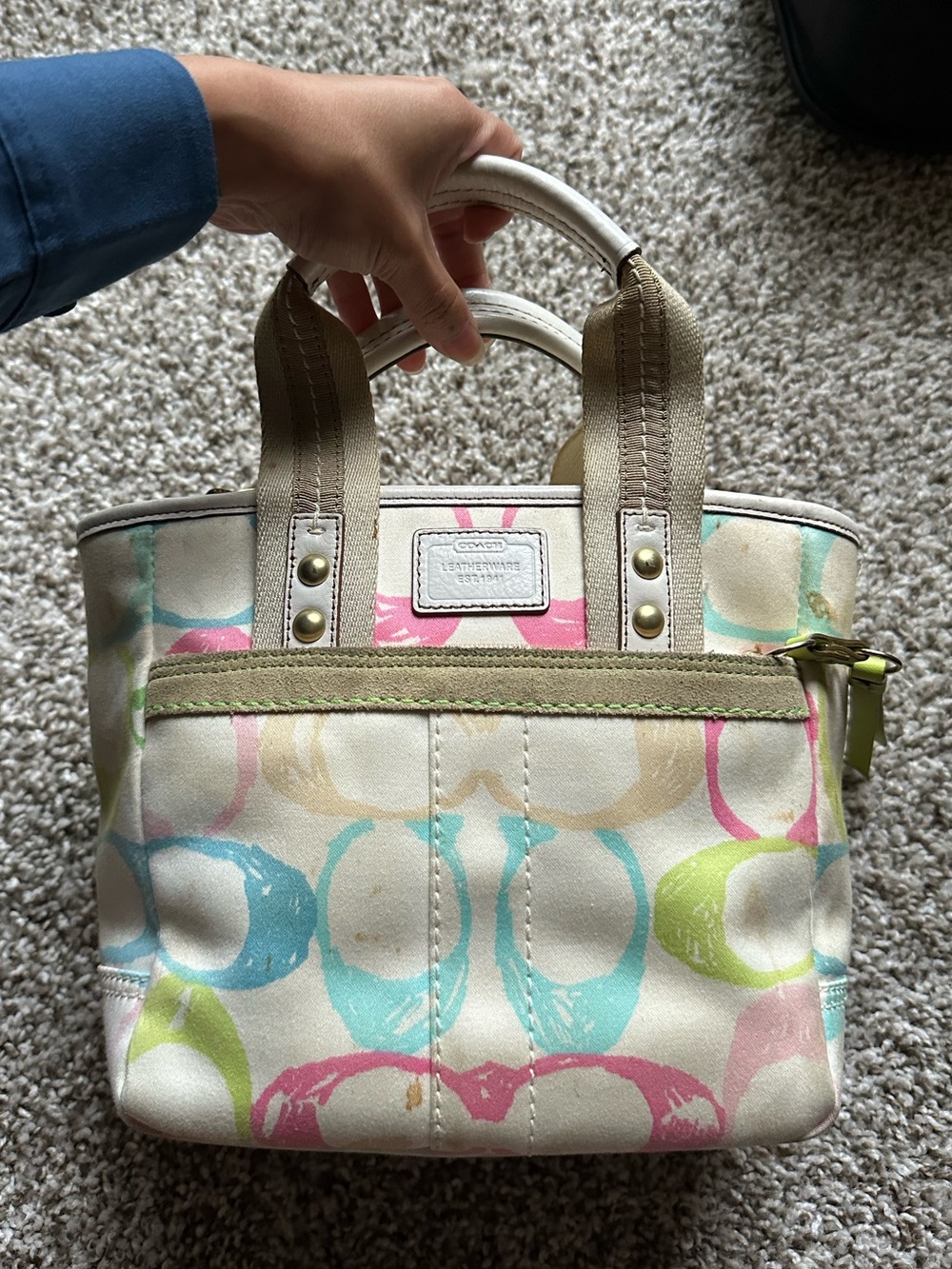 Coach Multicolor Circle Print Tote with Beige Trim
